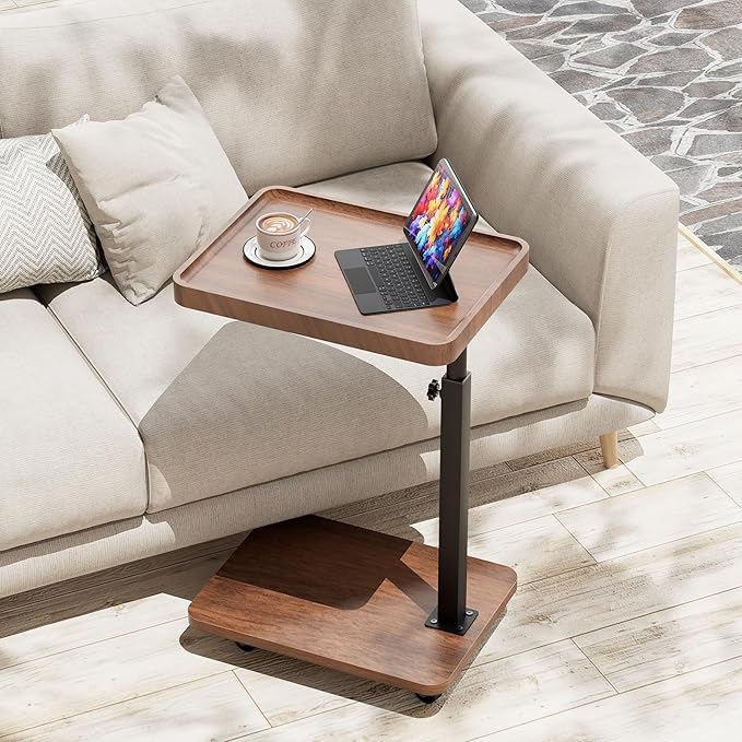 TV Tray Table for Eating,Sofa Armrest & 360° Swivel &Height Adjustable End Side Table for Couch,Snack Table for Sofa, Bedroom, Living Room, C Shaped End Table(Brown+Black)