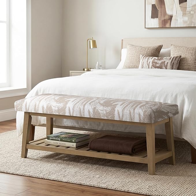 Zihanhome Entryway Shoe Bench with Cushion, End of Bed Bench,Upholstered Bench for Kitchen, Bench with Solid Wood Shelf, Fabric Ottoman Bench for Hallway, Living Room (Textured Beige)