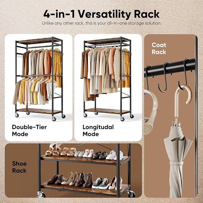 HOKEEPER Heavy Duty Rolling Clothes Rack, Metal Closet Organizer with Wood Shelves, Adjustable 70.9"-79.9" H x 39.3" W Freestanding Wardrobe for Bedroom, Max Load 450 LBS