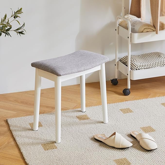 IBUYKE Saddle Cushion Vanity Stool Chair, Foot Rest Stool with Solid Wood Legs, Modern Vanity Bench Ottoman for Piano, Upholstered Seat for Bedroom, Entryway, White Legs&Light Gray WBD007WG