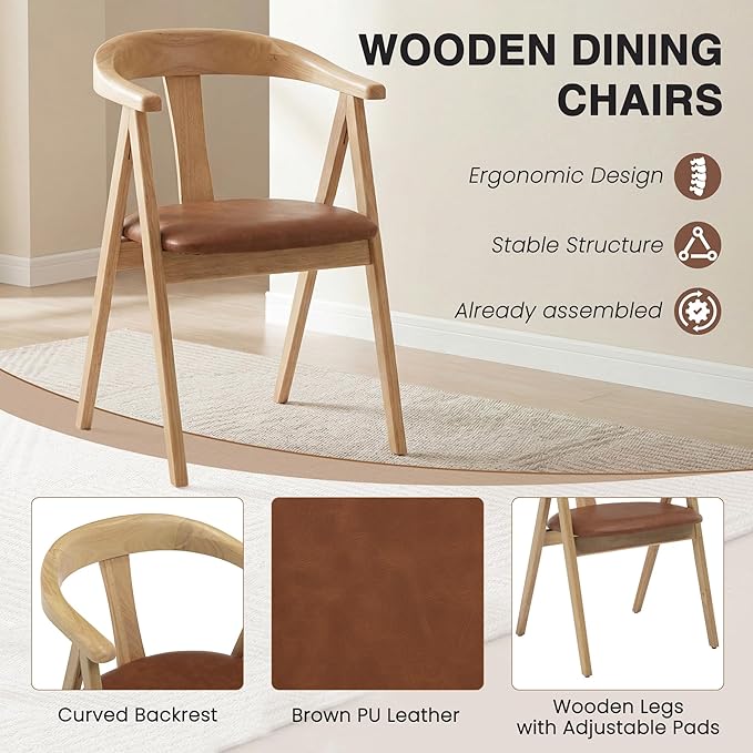 HNY Wooden Folding Chair with Cushion Set of 4, PU Leather Foldable Dining Chairs Folding Event Chair, Portable Space-Saving Accent Chair for Kitchen Dining Living Room Small Spaces, Brown