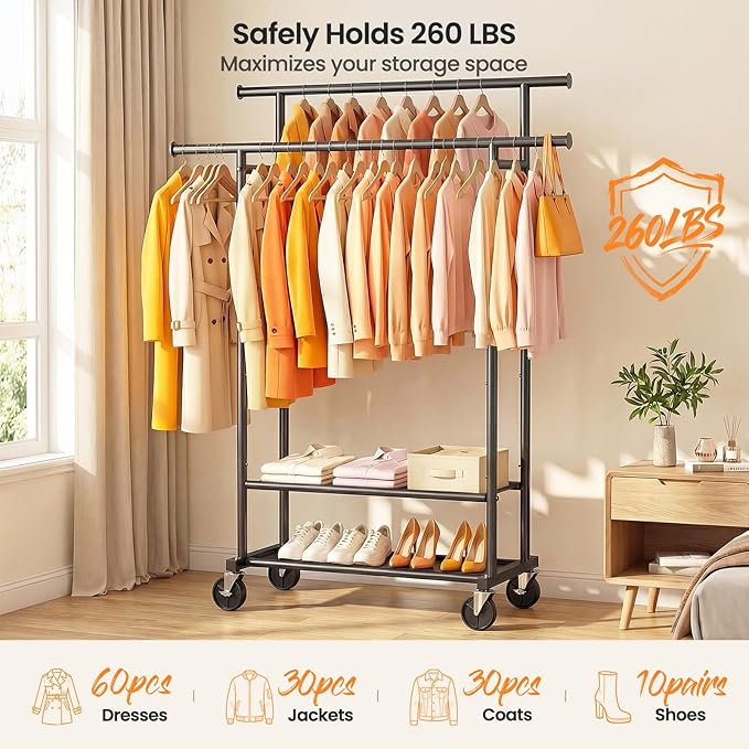 Double Rods Clothes Rack, Rolling Clothing Rack for Hanging Clothes Closet Rack with Wheels, Metal Portable Garment Rack with Double Shelves for Bedroom Laundry Living Room, Matte Black