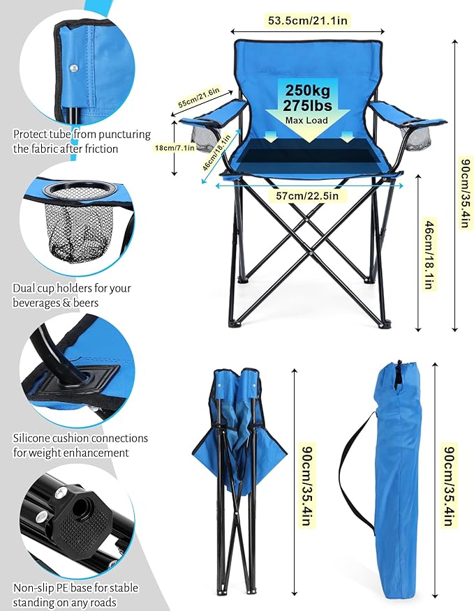 HaSteeL 2PCS Camping Chairs with Detachable Umbrella, Folding Beach Chair for Adults, Large Portable Foldable Chair for Outdoors Fishing Hiking Travel Picnic Lawn, Supports 275lbs, Storage Bags, Blue