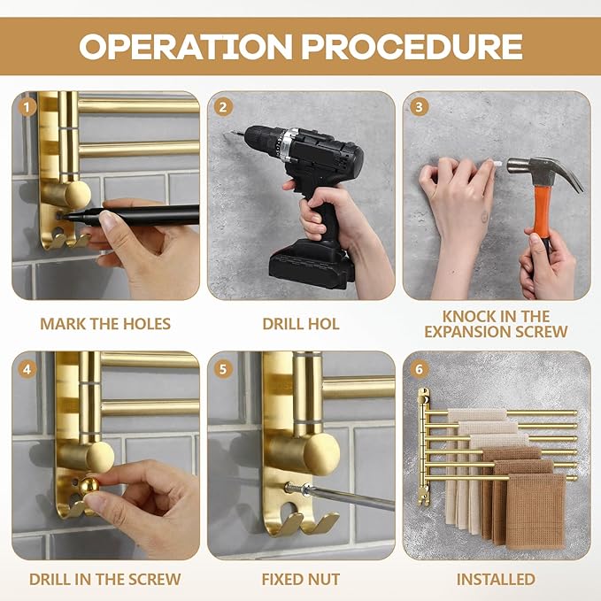 Teenyyou 20.4 Inches Swivel Towel Rack 304 Stainless Steel 6 Arms Bathroom Towel Rack Hanger Pool Holder Wall Mounted Swivel Bar Space Saving with Hook(Gold)
