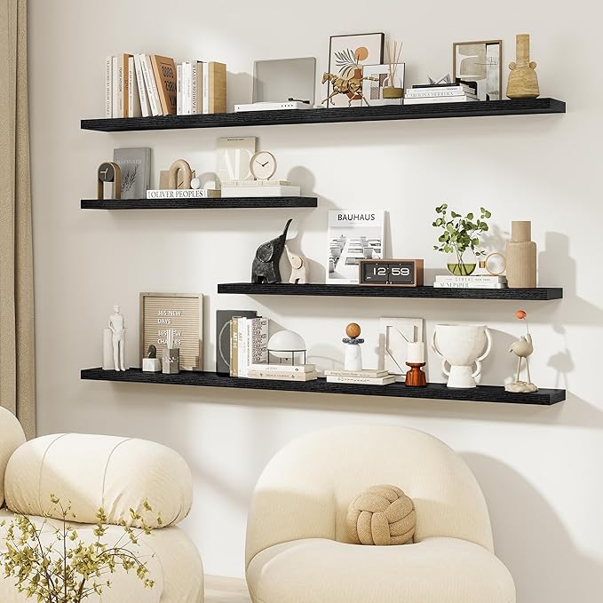 Dreamland 48Inch Floating Shelves for Wall, Rustic Wooden Black Floating Shelves for Living Room, Kitchen, Farmhouse, Deep Wall Mounted Book Shelf, Wood Storage Display Shelf for Home Decor, Set of 2