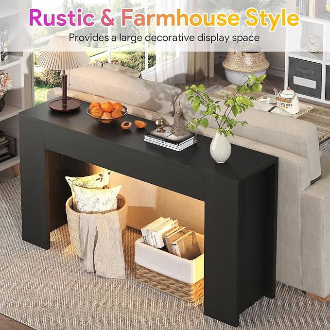 knoworld 63-Inch Long Console Table with LED Light, Farmhouse Sofa Table Behind Couch, Wooden Console Table for Entryway Hallway Entrance Living Room, Black