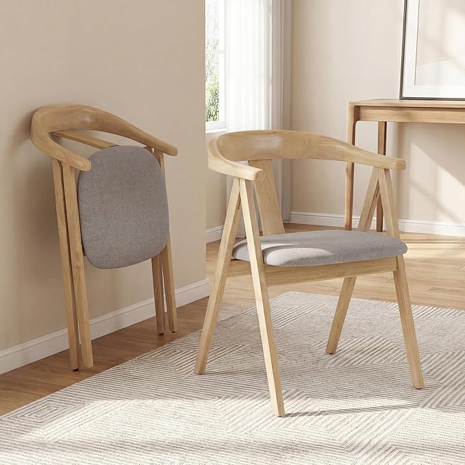 HNY Wooden Folding Chair with Cushion Set of 4, Chenille Foldable Dining Chairs Lightweight Folding Event Chair, Portable Space-Saving Accent Chair for Kitchen Dining Living Room Small Spaces, Grey