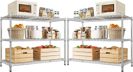 3- Shelf Metal Shelving Unit 35.6Wx14Dx36H,Adjustable Storage Shelves Heavy Duty Garage Steel Shelving for Office,Wire Rack Small Shelf for Kitchen Shelves Laundry Bathroom Pantry Closet,Chrome,2pc