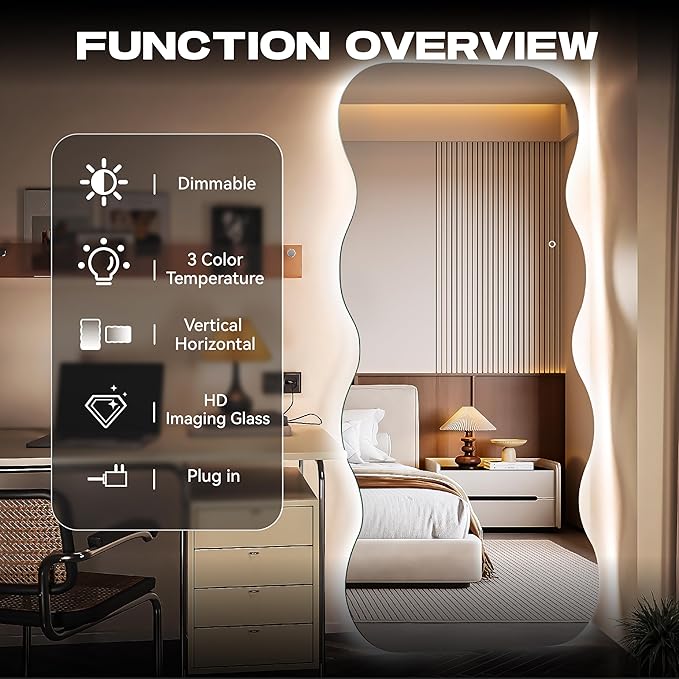 Hasipu Wavy Full Length Mirror with Lights - 71"×24" LED Wavy Floor Mirror, Frameless, Dimmable, Standing or Vertical/Horizontal Wall-Mounted Mirror for Bedroom, Living Room, Cloakroom