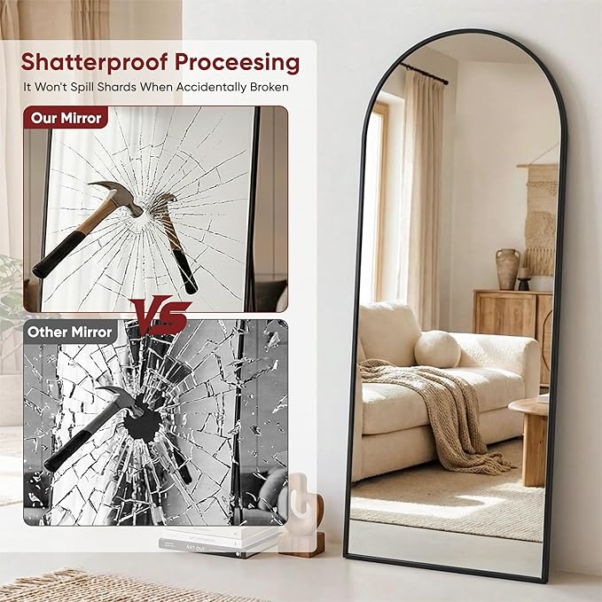 Antok Full Length Floor Mirror Arched Standing Mirror with Aluminum Frame - Freestanding Wall Mount Leaning Body Mirror for Bedroom Living Room Entryway, 71" L x 28" W, Black