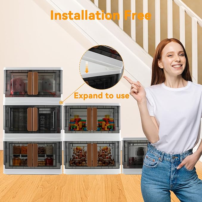 Storage Box, Plastic Cabinet, 8.4 Gallon (32L) Capacity (Each One), 4 Packs, Stackable Collapsible Drawer, with Door and Buckle, Organizer for Home and Office, Transparent