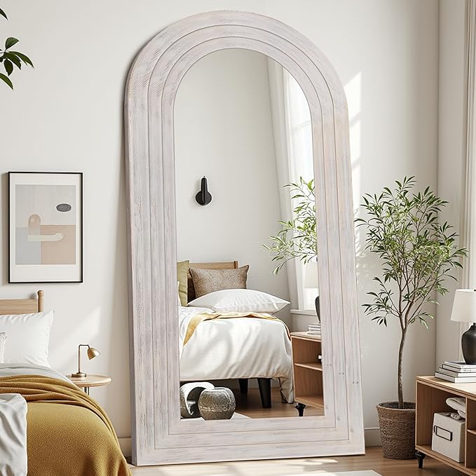 Antok Full Length Mirror with Solid Wood Frame, 76"×34" Wall Mounted Oversized Floor Mirror with Stand, Leaning Standing Hanging for Bedroom Living Room Entryway, White, Arched Syle