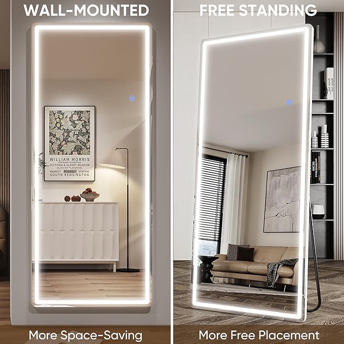 Antok LED Full Length Mirror with Light, 71"x28" Lighted Full Body Mirror with Stand, Dimmable & 3 Color Lighting Standing/Leaning/Wall Mounted Vanity Mirror for Bedroom Cloakroom Livingroom(Rect)