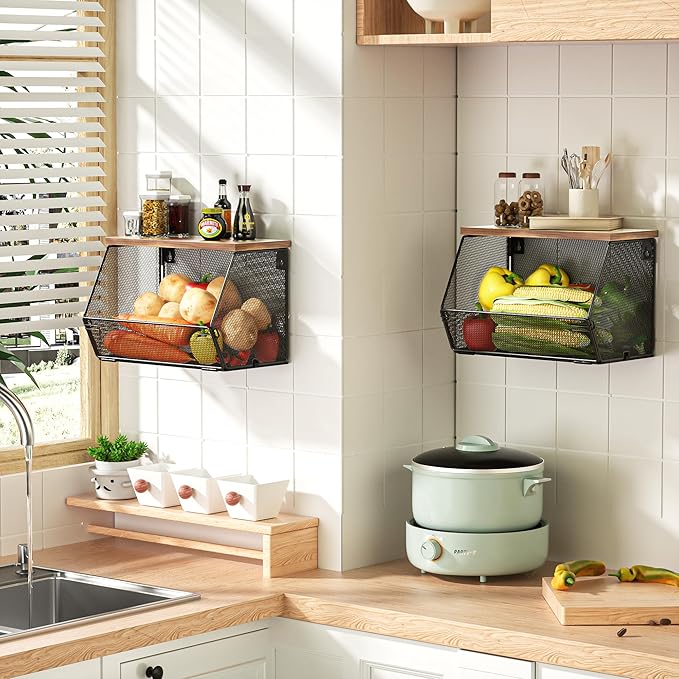 Stackable Fruit Basket for Kitchen Countertop Space Saving, Wall Mounted Mesh Metal Wire Basket with Wood Lid Extra Storage, 2 Pack Kitchen Counter Organizer for Snack, Onion and Potato Storage, Black
