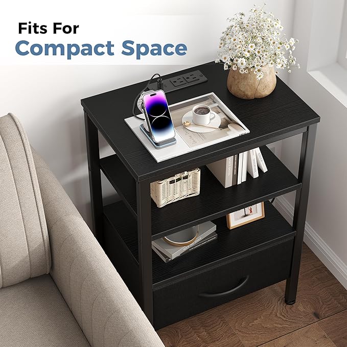 DUMOS 3-Tier Storage, Bed Side Tables with Wireless Charging Station, End Tables with Adjustable Fabric Drawers, Nightstand Set of 2, Modern Design, Black