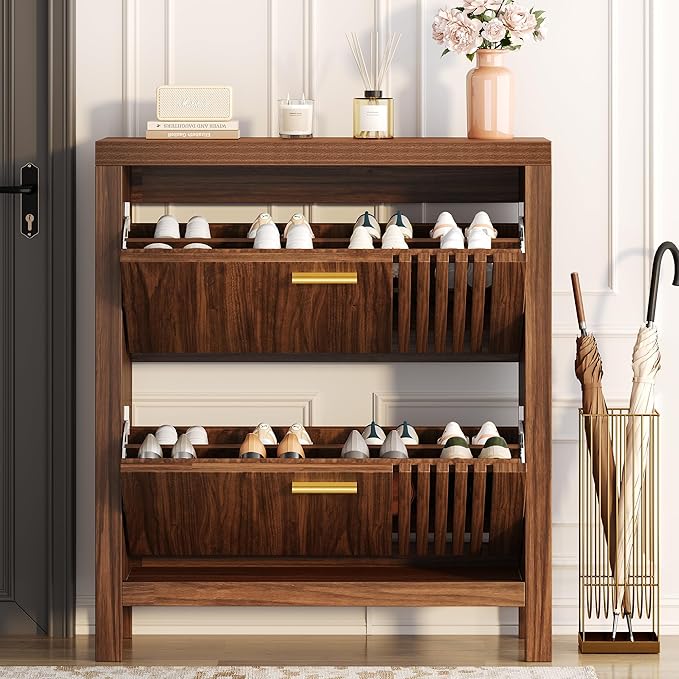 knoworld Shoe Storage Cabinet for Entryway with 2 Flip Drawers, 31.5" Narrow Fluted Shoe Organizer Cabinet, Slim Wooden Shoe Cabinet, Freestanding Hidden Shoe Cabinet for Entrance, Hallway (Walnut)