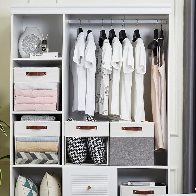 Bagnizer Storage Cubes, 4 Pack Linen Foldable Storage Bins (13 x 13 inch) with Clear Window and 2 Handles, Closet Organizers and Storage for Shelf Closet, Clothes, Books - (Gray and White)