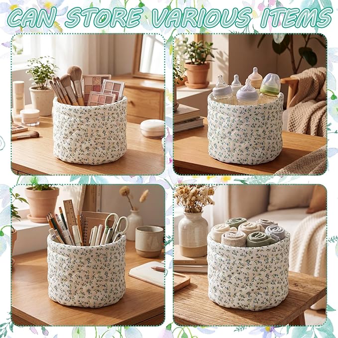 Quilted Makeup Basket for Women Girls, Cute Small Cosmetic Storage Basket Small Broken Flower Desktop Organizer Rustic Cotton Bedside Caddy for Toiletries, Little Items, Countertop & Dresser