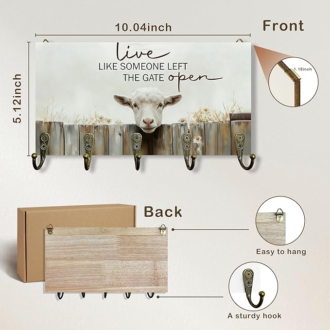 Sheep Gifts Key Holder for Wall 10"x5.12", Sheep Lamb Decor Key Hanger Wall Mount, Live Like Someone Left The Gate Open Rustic Farmhouse Lamb Wooden Hanging Keys Holder Decor for Entryway
