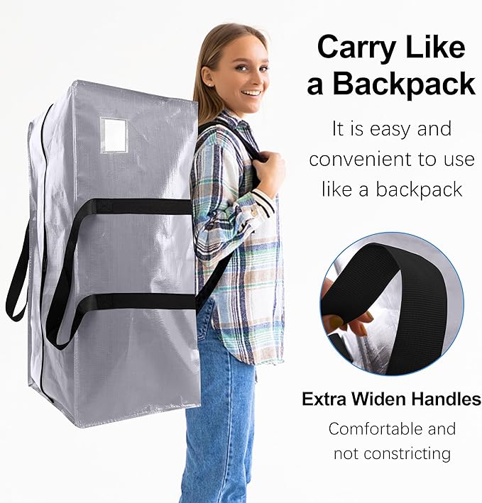 VELVETSURE 12 Pack Heavy Duty Extra Large Moving Bags W/Backpack Straps - Strong Handles & Zippers, Storage Totes For Space Saving, Fold Flat, Alternative to Moving Box and Storage Bin, Silver