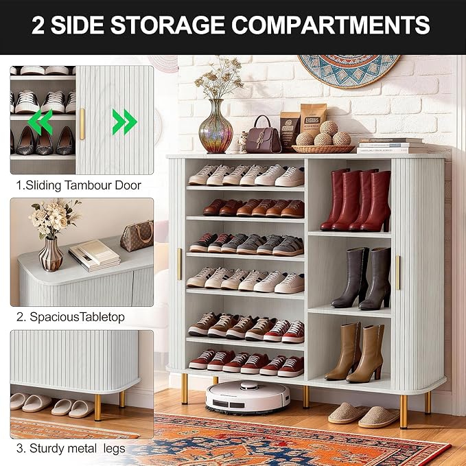 DHH Shoe Storage Cabinet with Sliding Door, 6-Tier Shoe Cabinet with Adjustable Shelves, Modern Freestanding Shoe Storage Organizer for Entryway, Hallway, Living Room (Washed Grey, 47 ")