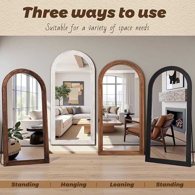 Antok Full Length Mirror with Solid Wood Frame, 71"×32" Wall Mounted Oversized Floor Mirror with Stand, Leaning Standing Hanging for Bedroom Living Room Entryway, Black, Arched Syle