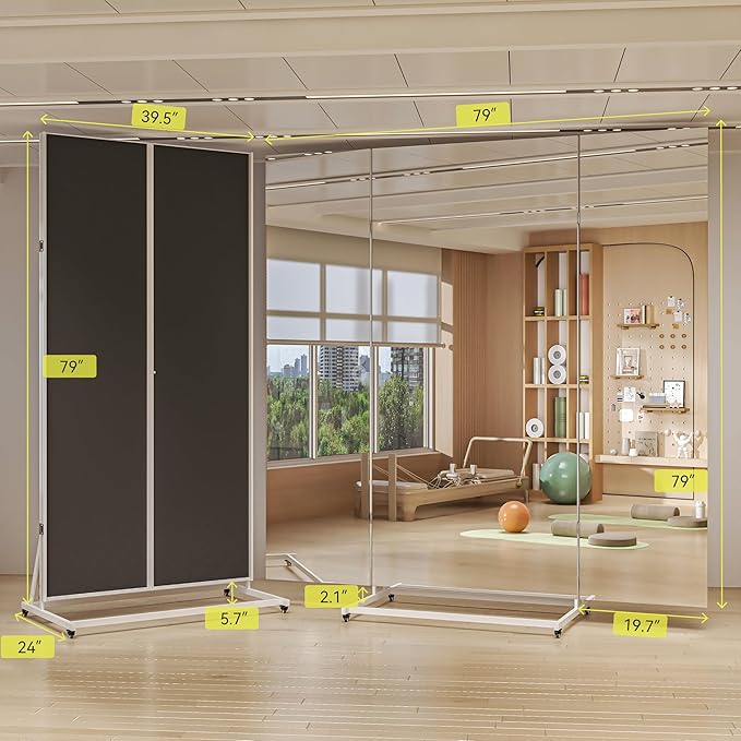 Hasipu Large Full Length Rolling Mirror - 79"×79" Tri-Fold Full Body and Tempered Glass Movable Home Gym Mirror on Wheels with Stand for Gym, Dance Studio, Fitness Room, and Home