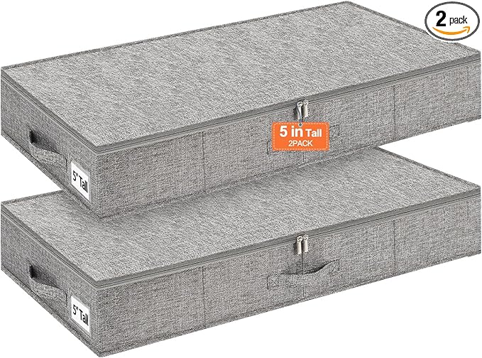 punemi 5 inches High Low Profile Under Bed Storage with Sturdy Sides & Bottom – Ideal for Under Couch, Crib, Clothes & Toy Storage, 2-Pack Grey