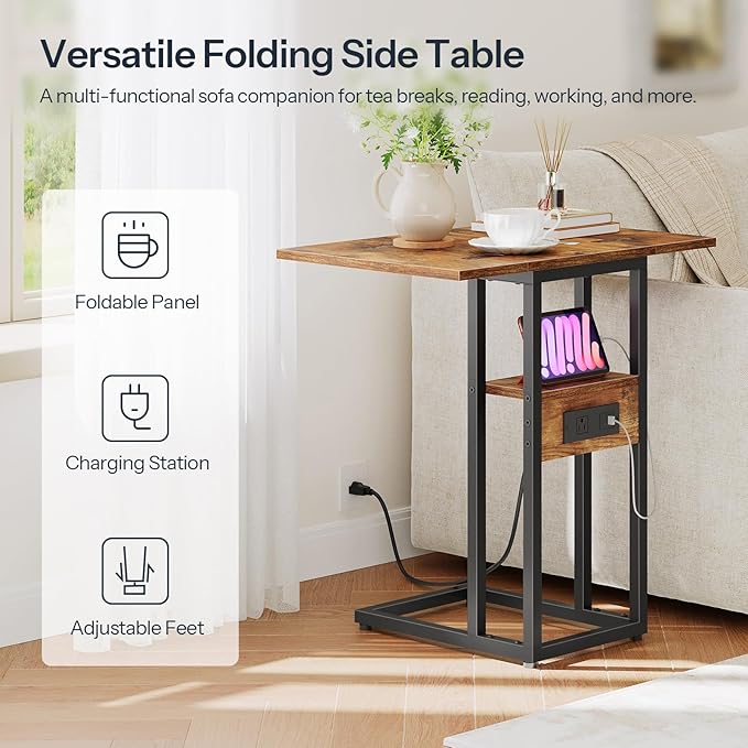 HOOBRO Foldable End Table, C Shaped Side Table with Charging Station, Sofa Couch Table that Slide Under for Living Room Bedroom Small Spaces, Easy Assembly, Rustic Brown and Black BF29USF01