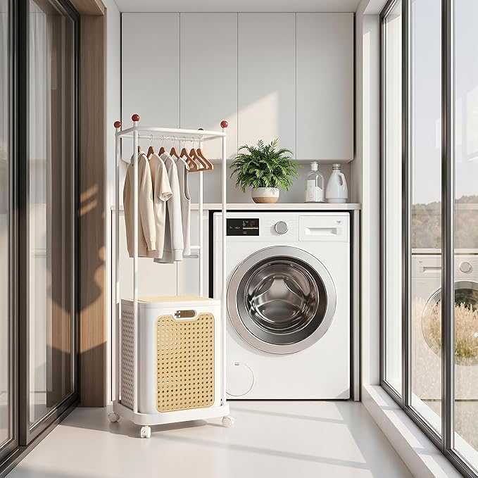VECELO Laundry Hamper with Clothes Rack, Rolling Laundry Basket with Lid and Wheels, Tall Clothes Stand for Hanging Clothes, Multifunctional Laundry Organizer for Bedroom, Bathroom, White
