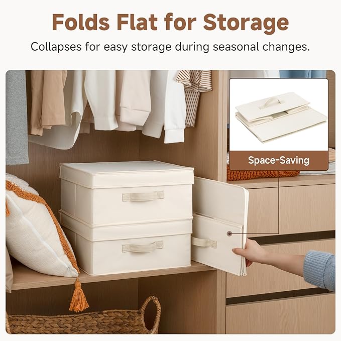 StorageWorks Storage Bins with Lid, Decorative Fabric Storage Bins with Handles, Stackable Closet Organizers for Shelves and Bedroom, Small, Beige(Cotton Linen), 2-Pack