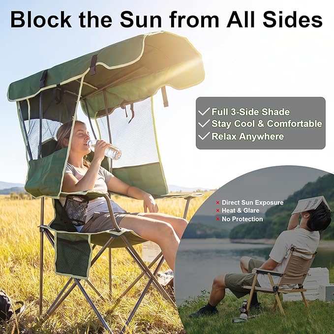 Romswi Folding Canopy Beach Camping Chairs for Adult 2 Pack, Portable Outdoor Chairs with Sunshade,Cup Holder & Side Pocket for Camping, Fishing, Beach, Backyard, Green