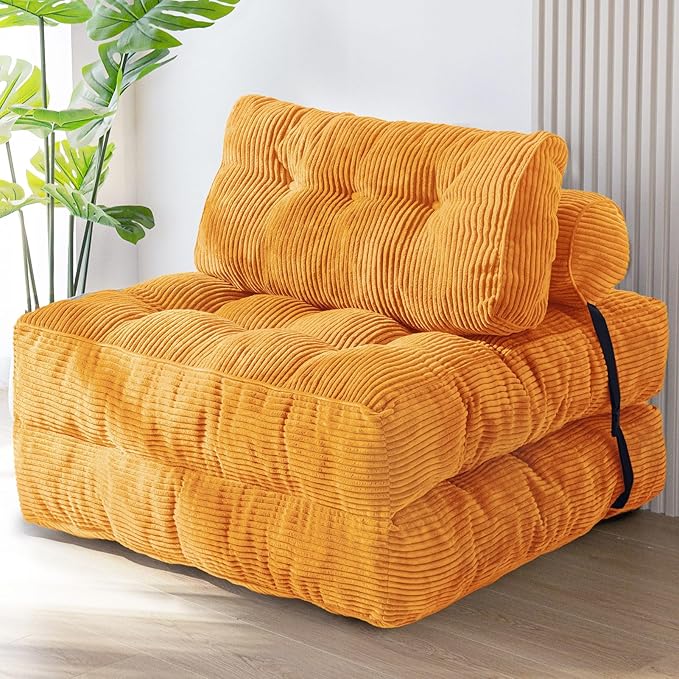 MAXYOYO Folding Sofa Bed, Convertible Chair with Pillow Foldable Couch with Back Support, Portable Fold Out Chair Bed Comfy Floor Sofa Lounge for Living Room Bedroom, Orange, Single