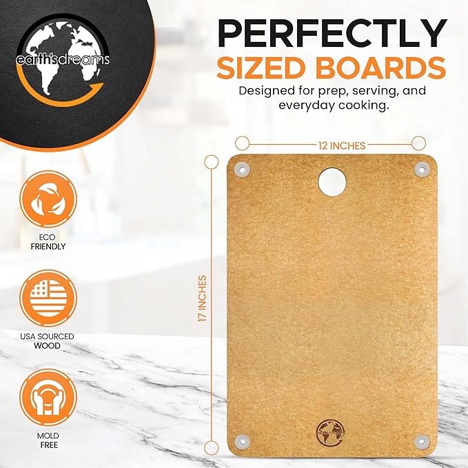 Earth's Dreams Composite Wood Cutting Board – Dishwasher Safe, Non-Toxic Cutting Boards for Kitchen – Large, Medium & Small Non-Slip Wood Charcuterie & Chopping Boards (Tan)