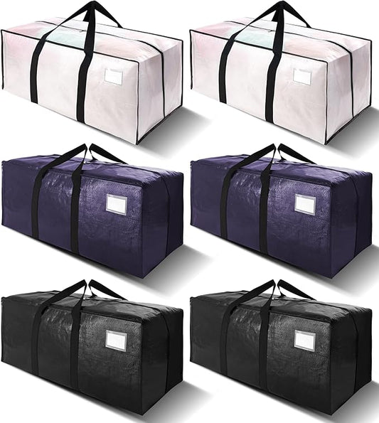 6 Pack Heavy Duty Extra Large Moving Bags W/Backpack Straps - Strong Handles & Zippers, Storage Totes For Space Saving, Fold Flat, Alternative to Box and Bin (40 gal, Semi-Transparent+Blue+Black)