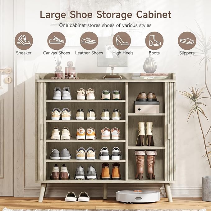 ONBRILL Shoe Cabinet with Sliding Door, 5-Tier Hidden Shoe Rack with Adjustable Shelves, Wooden Shoe Storage Organizer with Open Bottom Space, Freestanding Shoe Shelf for Entryway (Natural White)