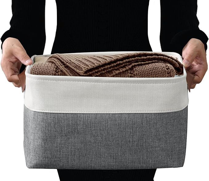 DECOMOMO Storage Bins, Large Fabric Storage Baskets for Shelves, Decorative Linen Closet Organizer, 15 x 11 x 9.5 inches (Slate Grey & White, 3 Pack)