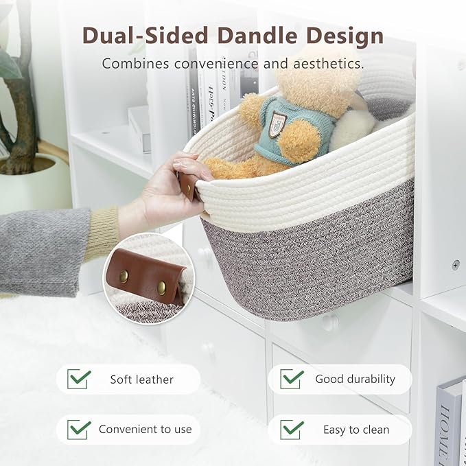 ECDYQXVU Cotton Rope Basket, Storage Baskets with Handle, 15x10x9 Inch Woven Basket for Shelves, Laundry, Towels, Clothes, Books (White Brown 1 Pack)