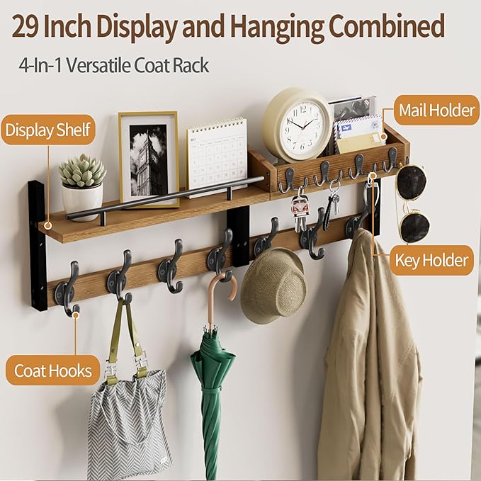 29 inch Coat Rack Wall Mount with Shelf, Entryway Wall Shelf with Hooks, Heavy Duty Coat Hanger Wall Mount with Key Holders and Mail Organizer for Living Room, Bedroom, Wooden Brown & Black