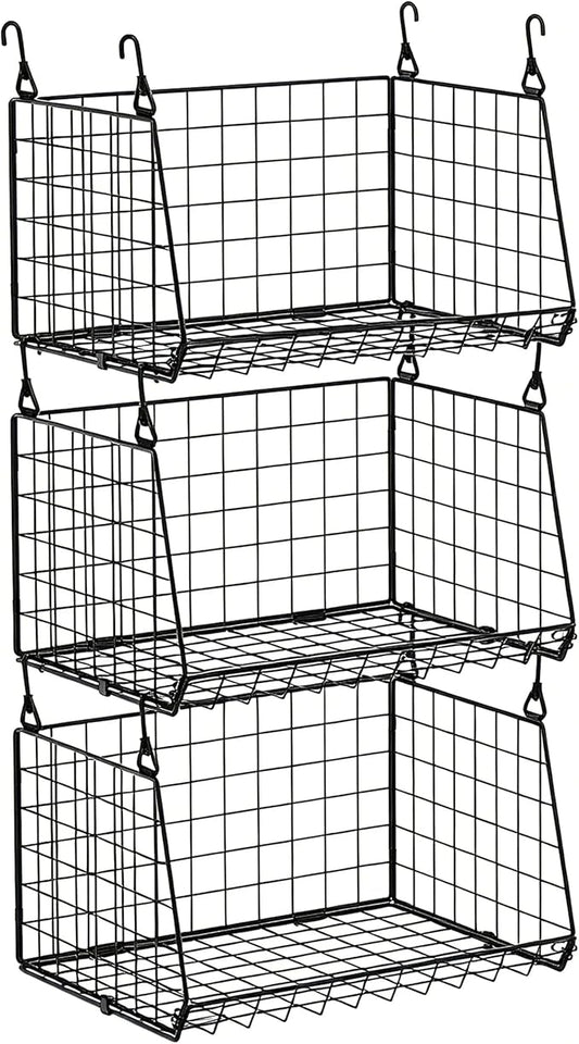 3-Pack Hanging Laundry Room Organizaton：Foldable Laundry Basket Wire Basket with 360°Rotating Hooks Small Space Organization Over Washer and Dryer Shelves - Hanging Closet Organizer, Black Patent