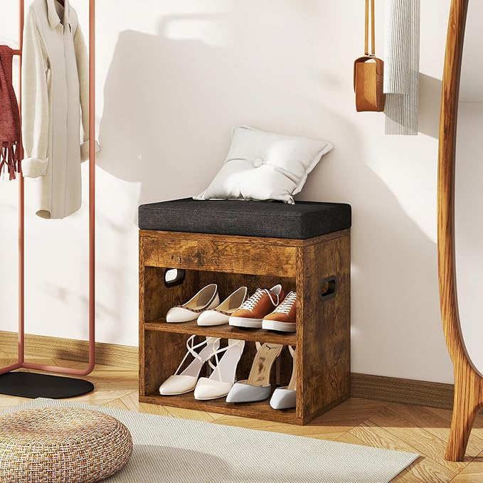 YMYNY Small Shoe Storage Bench with Cushion and Drawer, 2 Tier Adjustable Entryway Bench with Storage, Wooden Shoe Rack Bench for Entryway, Living Room, Hallway, Closet, Bedroom, Rustic Brown, HSC002H