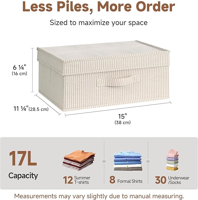 StorageWorks Storage Bins with Lid, Decorative Fabric Storage Bins with Handles, Stackable Closet Organizers for Shelves and Bedroom, Small, Khaki and Beige Stripes, 2-Pack