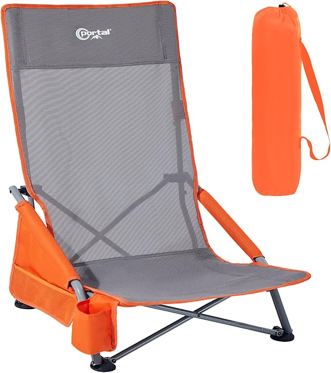 Portal High Back Beach Chair for Adults - Heavy Duty 350 lbs Folding Portable Sand Chair with Cup Holder & Side Pocket, Breathable Mesh Tall Camping Chair with Rotating Feet for Outdoor Travel Grey