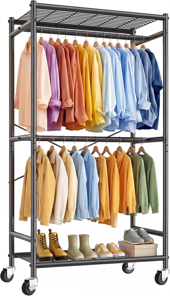 Raybee Clothes Rack, Clothing Racks for Hanging Clothes, Rolling Clothes Rack with Adjustable Rod, Double-tier Garment Rack with Wheels, Metal Portable Closet for Bedroom, Laundry, Black