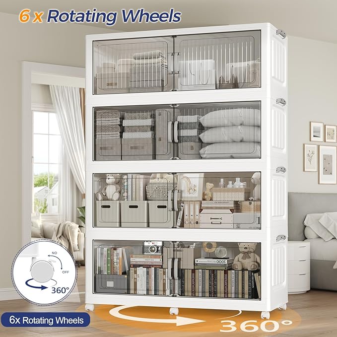 Extra Large Stackable Storage Bins with Lid, 250Gal/1000QT Foldable Collapsible Storage Box with Doors, Wheels and Drawers, Plastic Closet Organizer Container for Kitchen, Bedroom, Dorm, 5Pack