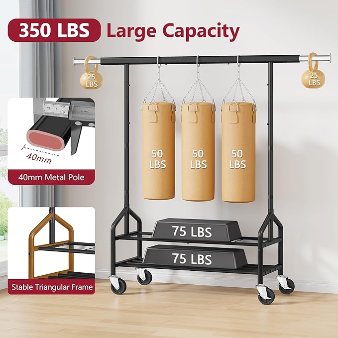 Tajsoon Clothing Rack Load 350 LBS, Metal Clothes Rack with Double Layer Shelves, Adjustable Garment Rack for Hanging Clothes, Heavy Duty Portable Rolling Rack, Black