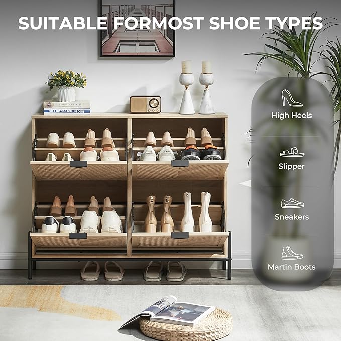 Shoe Cabinet Storage with 4 Flip Drawers, Narrow Hidden Shoes Organizer Cabinet for Entryway, Freestanding Slim Shoe Rack Front Door Entrance(Oak)