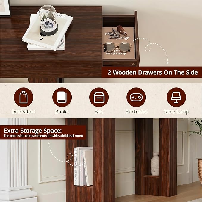FURSUN 63" Console Table with 2 Drawers, Slim Entryway Table for Hallway, Narrow Sofa Table Behind Couch, Farmhouse Long Wood Accent Table for Foyer & Living Room, Dark Walnut