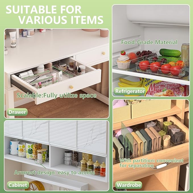 BLULEE Adjustable Clear Drawer Organizers, Expandable Bathroom Drawer Organizer Bins with Dividers, Versatile Makeup Organizer for Drawer, Plastic Desk Drawer Organizer (8 Pcs)