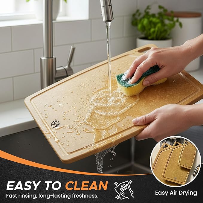 Earth's Dreams Composite Wood Cutting Board Set of 3 – Dishwasher Safe, Non-Toxic Cutting Boards for Kitchen – Large, Medium & Small Non-Slip Wood Charcuterie & Chopping Boards (Tan/Juice)